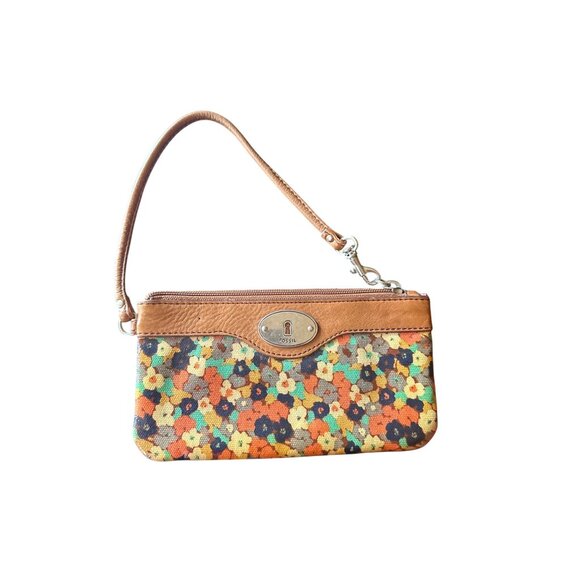Fossil Handbags - Fossil Key-Per Floral Canvas Leather Micro Wristlet Clutch Zipper Closure Strap